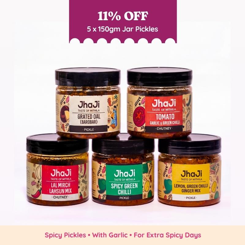 5 Spicy Pickles Sample Pack | Lal Mirch Lahsun, Green Chilli & More | 5×150g Jars
