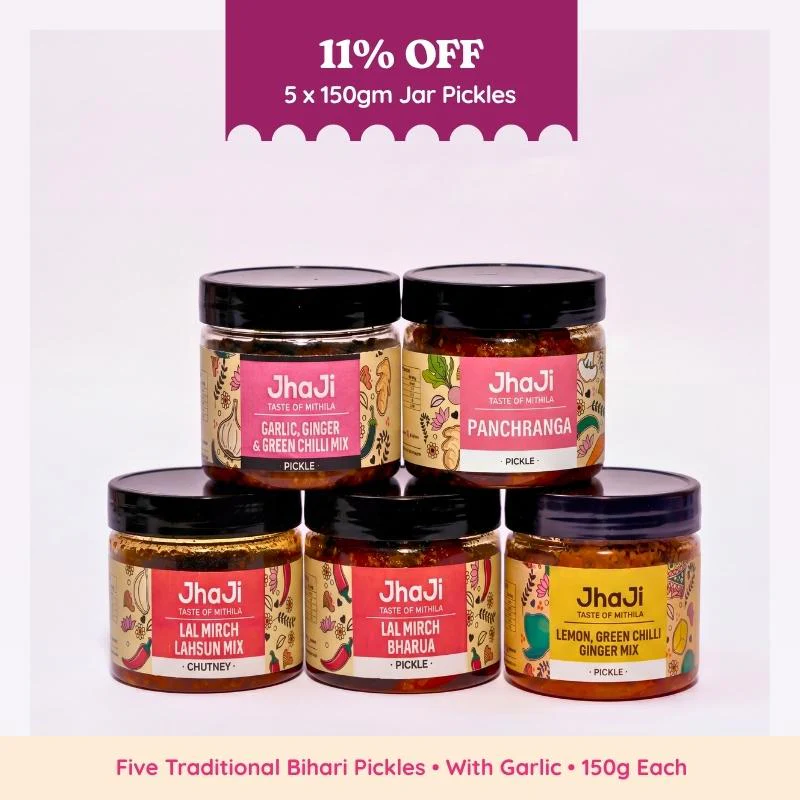 5 Winter Pickles Sample Pack | Lal Mirch Bharua, Panchranga & More | 5×150g Jars